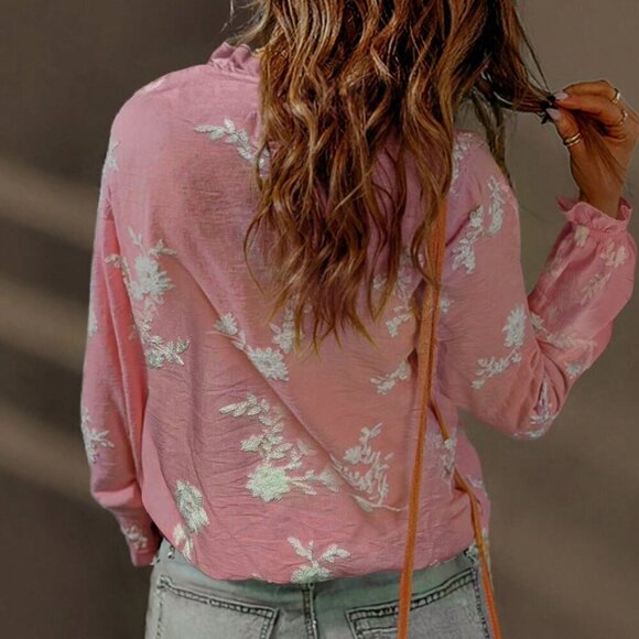 Bestselling Pink Casual Women's Embroidered Ruffle Hem Blouse top - Picture 3 of 6